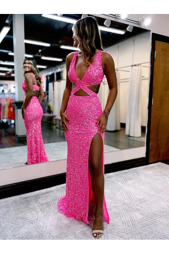 Sleeveless V-Neck Velvet Sequin Shown Color Long Sweep Train Evening Dress London