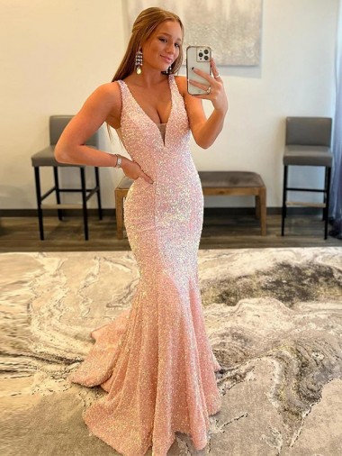 Sleeveless V-Neck Velvet Sequin Shown Color Sweep Train Evening Dress London