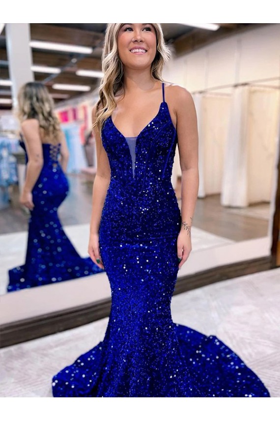 Sleeveless V-Neck Velvet Sequin Royal Blue Court Train Prom Dress London