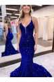 Sleeveless V-Neck Velvet Sequin Royal Blue Court Train Prom Dress London