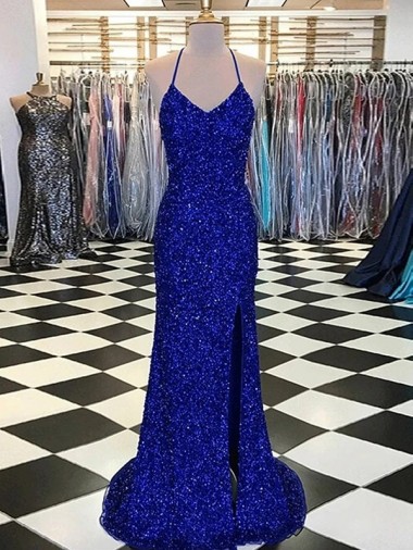 Sleeveless V-Neck Velvet Sequin Royal Blue Sweep Train Prom Dress / Evening Gown London