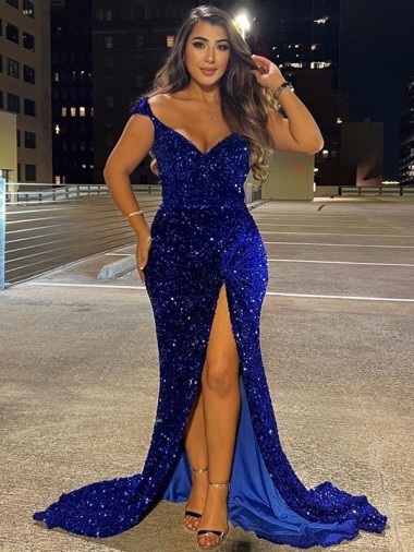 Sleeveless V-Neck Velvet Sequin Royal Blue Sweep Train Dress London