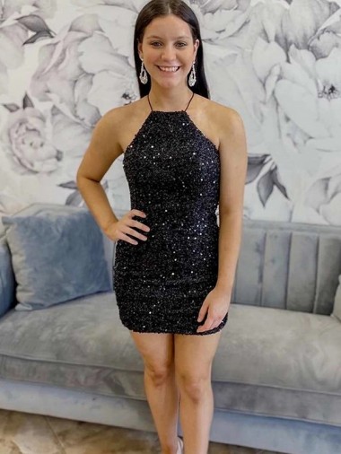 Sleeveless Halter Neck Velvet Sequin Black Short Prom Dress London