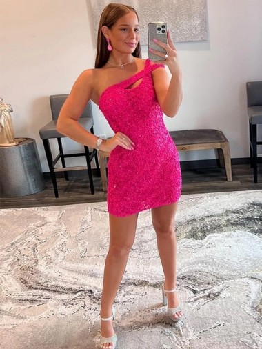 Sleeveless One Shoulder Velvet Sequin Fuchsia Short Prom Dresses London