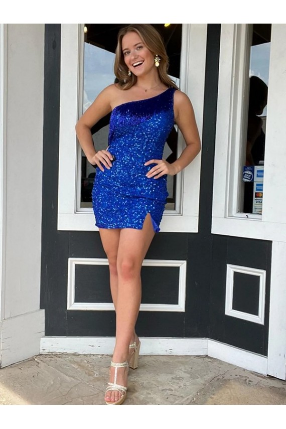 Sleeveless One Shoulder Velvet Sequin Royal Blue Short Homecoming Dresses London