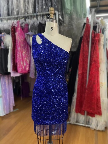 Sleeveless One Shoulder Velvet Sequins Royal Blue Short Homecoming Dress London