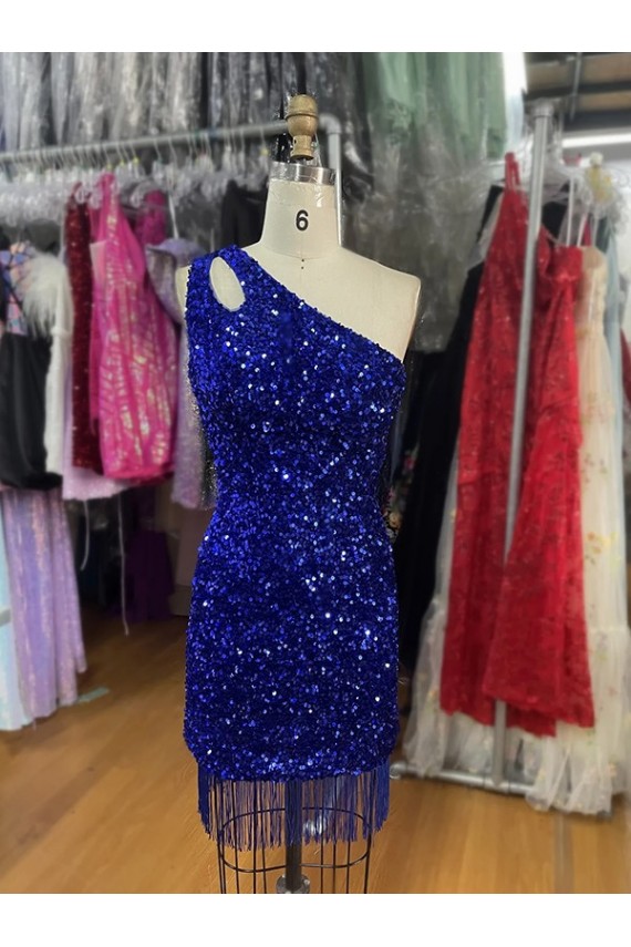 Sleeveless One Shoulder Velvet Sequins Royal Blue Short Homecoming Dress London