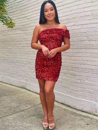 Sleeveless One Shoulder Velvet Sequin Burgundy Short Prom Dress London