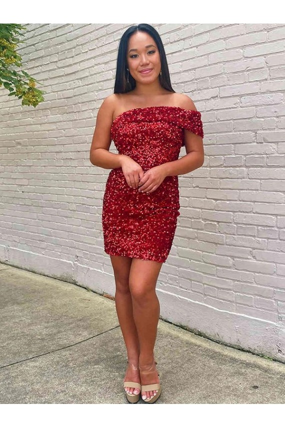 Sleeveless One Shoulder Velvet Sequin Burgundy Short Prom Dress London