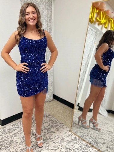 Sleeveless Spaghetti Straps Velvet Sequin Royal Blue Short Prom Dress London