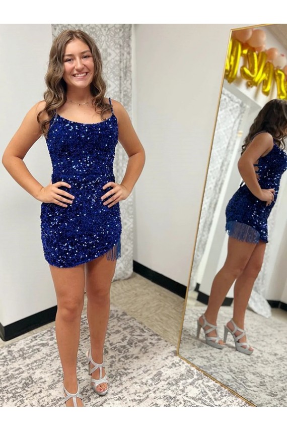 Sleeveless Spaghetti Straps Velvet Sequin Royal Blue Short Prom Dress London