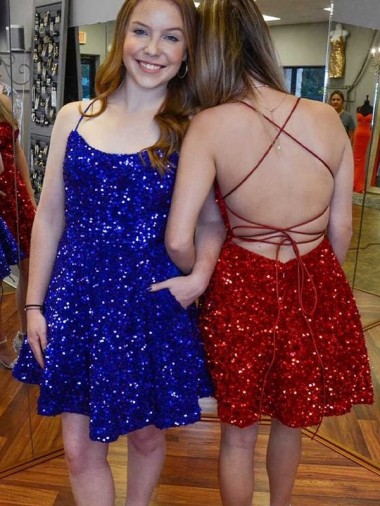 Sleeveless Spaghetti Straps Velvet Sequin Royal Blue A-Line Short Prom Dress London