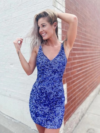 Sleeveless V-Neck Velvet Sequin Shown Color Short Evening Dress London