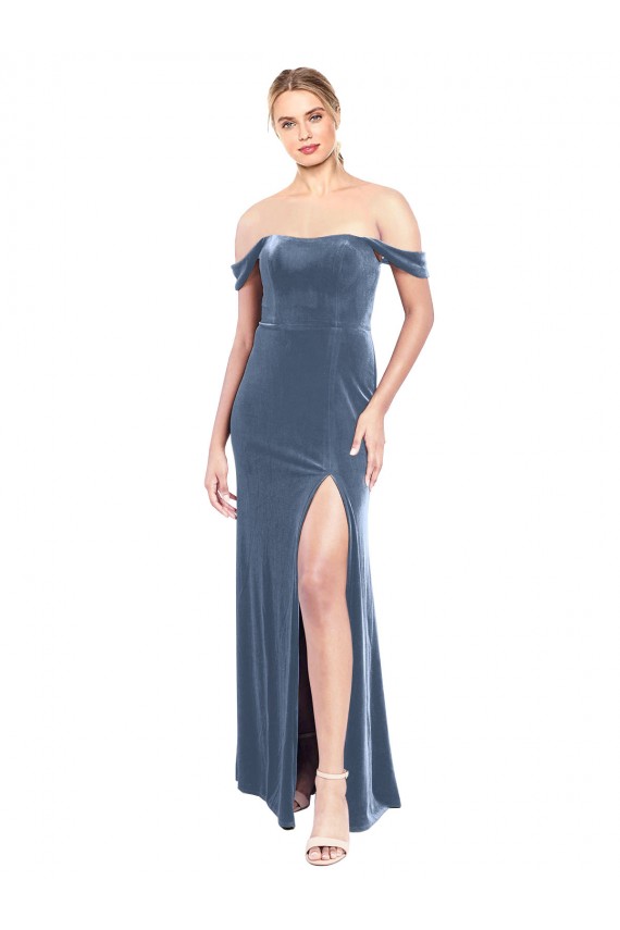 Sleeveless Strapless Stretch Velvet Dusty Blue Long Prom Dress / Bridesmaid Dress London