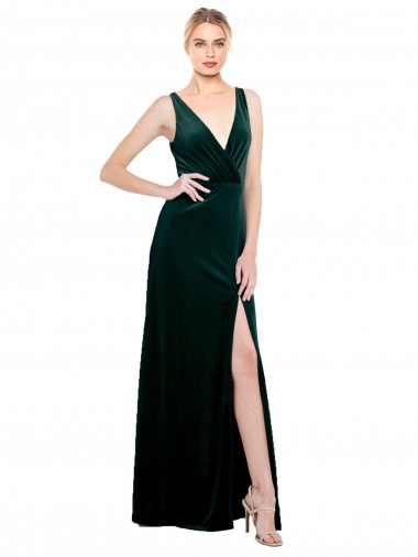Sleeveless V-Neck Stretch Velvet Dark Green Long Black Tie Evening Dress / Prom Dress / Bridesmaid Dress London