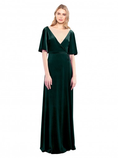 Flutter Sleeves V-Neck Stretch Velvet Dark Green Long Prom Dress / Bridesmaid Dress London