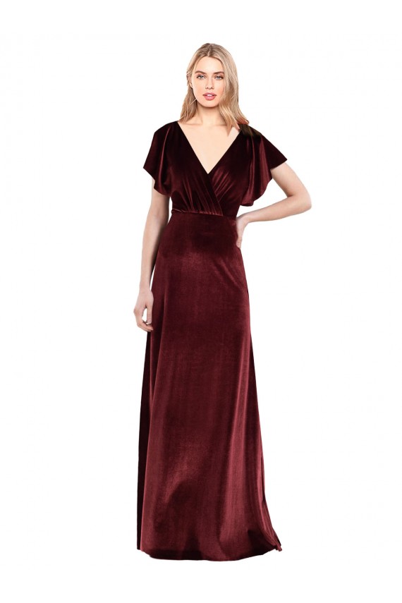Flutter Sleeves V-Neck Stretch Velvet Burgundy Long Prom Dress / Bridesmaid Dress London
