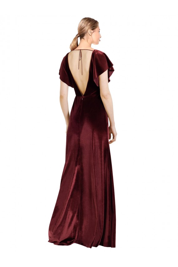 Flutter Sleeves V-Neck Stretch Velvet Burgundy Long Prom Dress / Bridesmaid Dress London