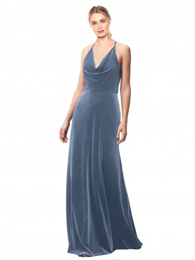 Sleeveless Cowl Neck Stretch Velvet Dusty Blue Long Prom Dress / Bridesmaid Dress London