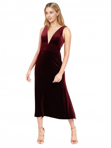 Sleeveless V-Neck Stretch Velvet Burgundy Midi Length Prom Dress / Bridesmaid Dress London