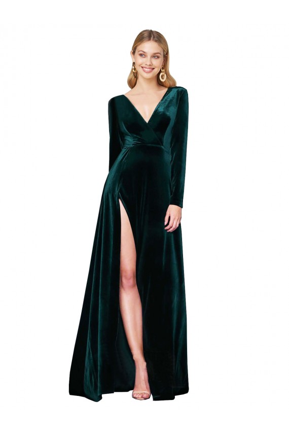 Long Sleeves V-Neck Stretch Velvet Dark Green Sweep Train Black Tie Evening Gown / Prom Dress / Bridesmaid Dress London