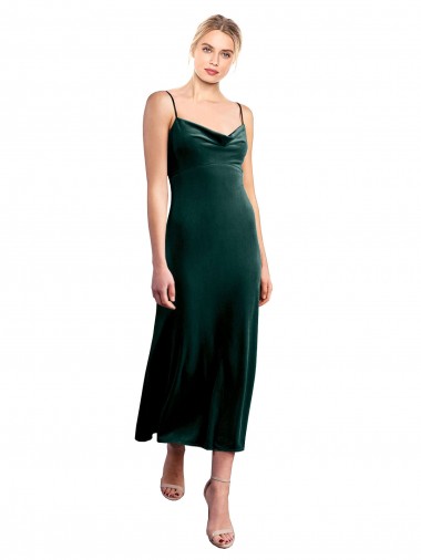 Sleeveless Cowl Neck Stretch Velvet Dark Green Midi Length Prom Dress / Bridesmaid Dress London