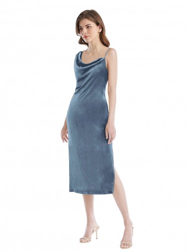 Sleeveless One Shoulder Stretch Velvet Dusty Blue Long Semi Formal Evening Dress / Prom Dress / Bridesmaid Dress London