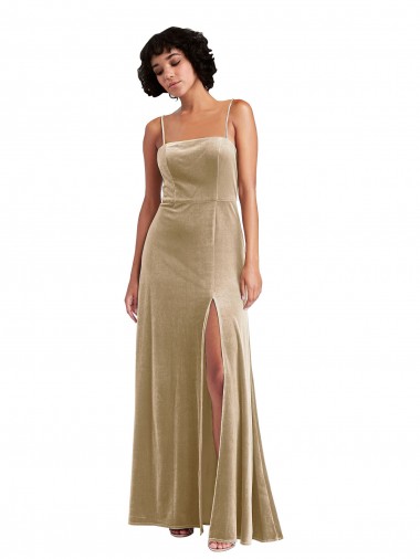 Sleeveless Square Neck Stretch Velvet Champagne Long Formal Evening Gown / Prom Dress / Bridesmaid Dress London