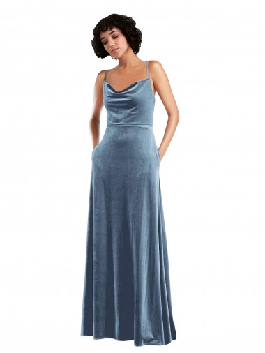 Sleeveless Cowl Neck Stretch Velvet Dusty Blue Long Semi Formal Evening Dress / Prom Dress / Bridesmaid Dress London