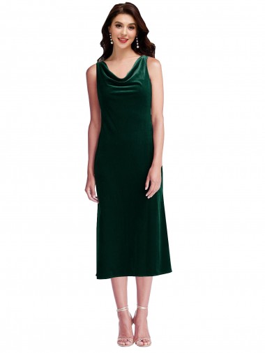 Sleeveless Cowl Neck Stretch Velvet Dark Green Midi Length Evening Gown / Prom Dress / Bridesmaid Dress London