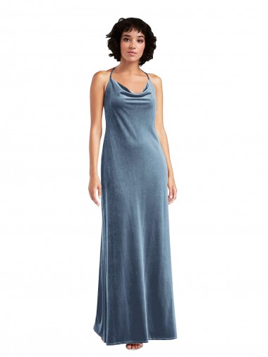 Sleeveless Cowl Neck Stretch Velvet Dusty Blue Long Bridesmaid Dress / Evening Dress London