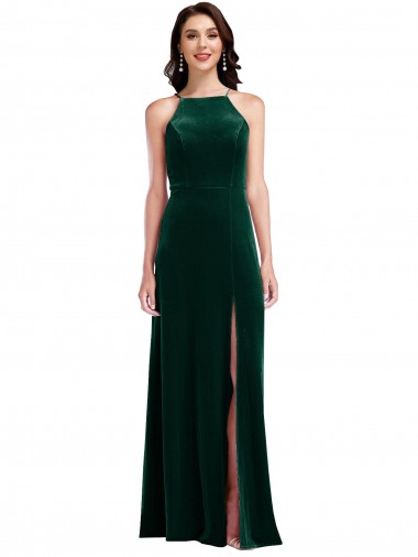 Sleeveless High Neck Stretch Velvet Dark Green Long Semi Formal Evening Dress / Prom Dress / Bridesmaid Dress London