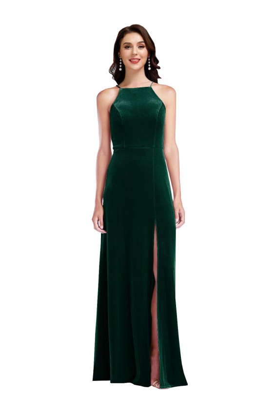 Sleeveless High Neck Stretch Velvet Dark Green Long Semi Formal Evening Dress / Prom Dress / Bridesmaid Dress London