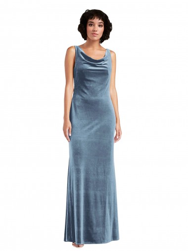 Sleeveless Cowl Neck Stretch Velvet Dusty Blue Long Evening Dress / Bridesmaid Dress London