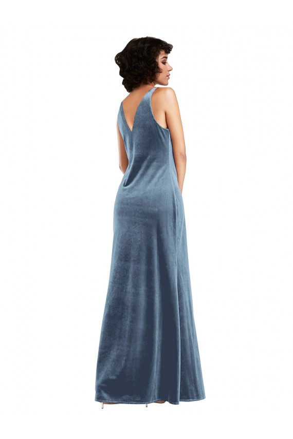 Sleeveless Cowl Neck Stretch Velvet Dusty Blue Long Evening Dress / Bridesmaid Dress London