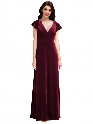 Flutter Sleeves V-Neck Stretch Velvet Burgundy Long Semi Formal Evening Dress / Prom Dress / Bridesmaid Dress London