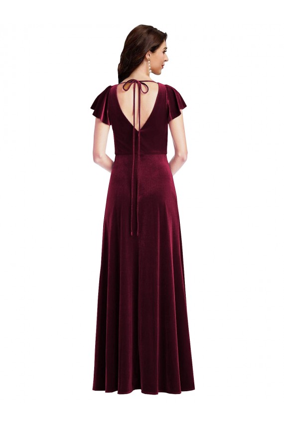 Flutter Sleeves V-Neck Stretch Velvet Burgundy Long Semi Formal Evening Dress / Prom Dress / Bridesmaid Dress London