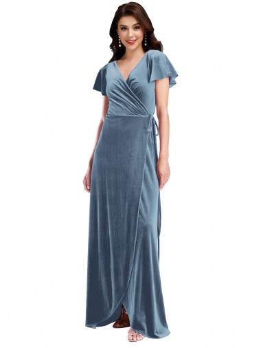 Flutter Sleeves V-Neck Stretch Velvet Dusty Blue Long Black Tie Evening Gown / Prom Dress / Bridesmaid Dress London