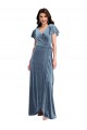 Flutter Sleeves V-Neck Stretch Velvet Dusty Blue Long Black Tie Evening Gown / Prom Dress / Bridesmaid Dress London