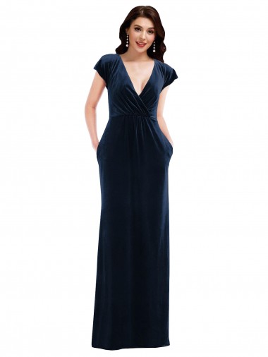 Flutter Sleeves V-Neck Stretch Velvet Dark Navy Long Formal Dress / Bridesmaid Dress London