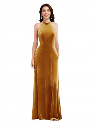 Sleeveless High Neck Stretch Velvet Gold Long Semi Formal Evening Dress / Prom Dress / Bridesmaid Dress London