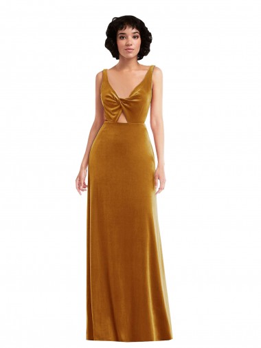 Sleeveless V-Neck Stretch Velvet Gold Long Semi Formal Evening Dress / Prom Dress / Bridesmaid Dress London