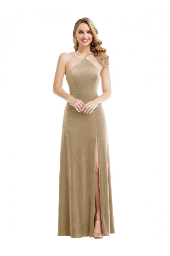 Sleeveless High Neck Stretch Velvet Champagne Long Semi Formal Evening Dress / Prom Dress / Bridesmaid Dress London