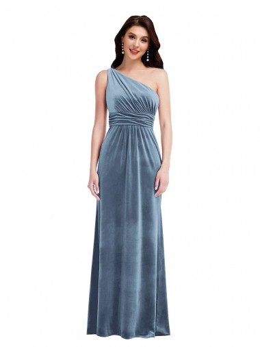 Sleeveless Off the Shoulder Stretch Velvet Dusty Blue Long Bridesmaid Dress / Evening Dress London