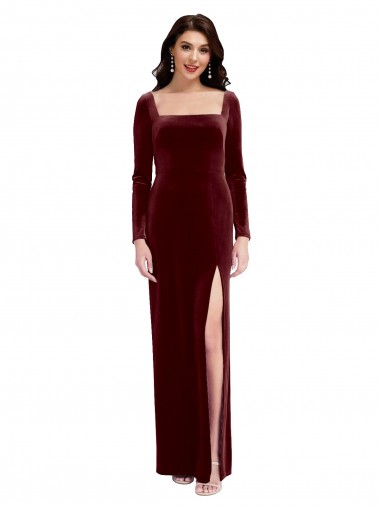 Long Sleeves Square Neck Stretch Velvet Burgundy Long Prom Dress / Bridesmaid Dress London