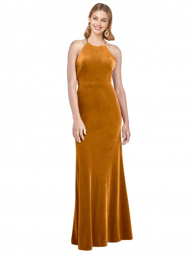 Sleeveless High Neck Stretch Velvet Gold Long Formal Evening Gown / Prom Dress / Bridesmaid Dress London