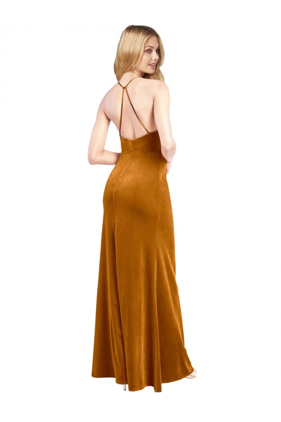 Sleeveless High Neck Stretch Velvet Gold Long Formal Evening Gown / Prom Dress / Bridesmaid Dress London