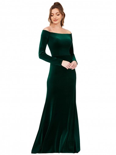 Long Sleeves Off the Shoulder Stretch Velvet Dark Green Long Formal Evening Gown / Prom Dress / Bridesmaid Dress London