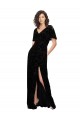 Short Split Sleeves V-Neck Floral Velvet & Stretch Velvet Black Long Bridesmaid Dress London