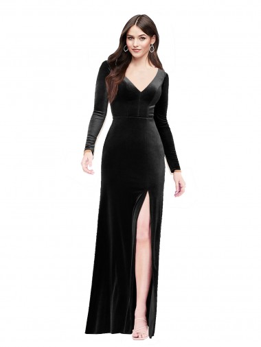 Long Sleeves V-Neck Stretch Velvet Black Long Formal Evening Gown / Prom Dress / Bridesmaid Dress London